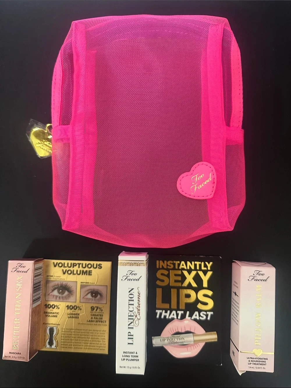 NWT Too Faced Neon Pink Mesh Cosmetic Pouch with Gold Heart Charm & Cosmetics